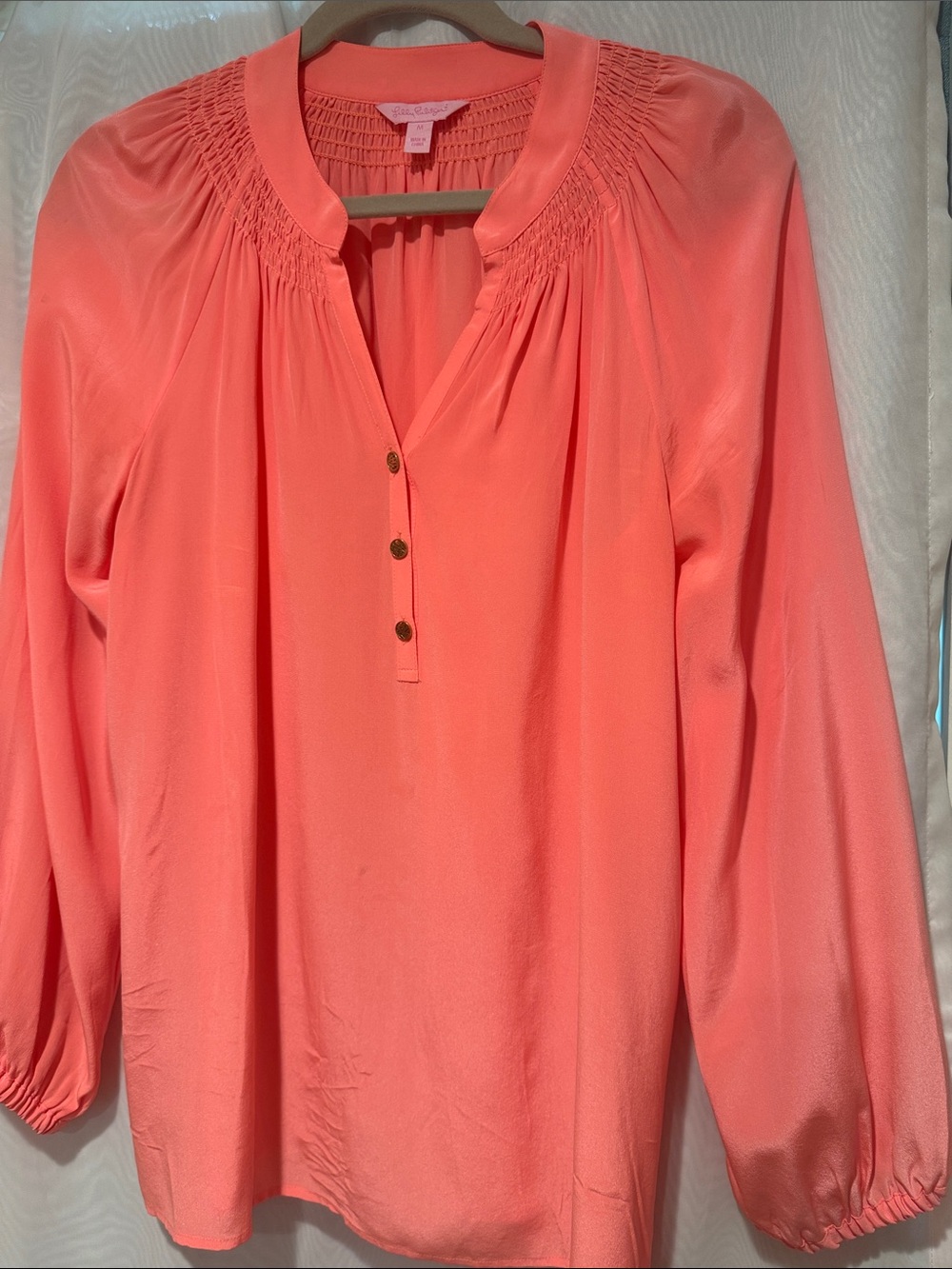 Lilly Pulitzer Coral Pink Smocked Yoke Long-Sleeve Blouse